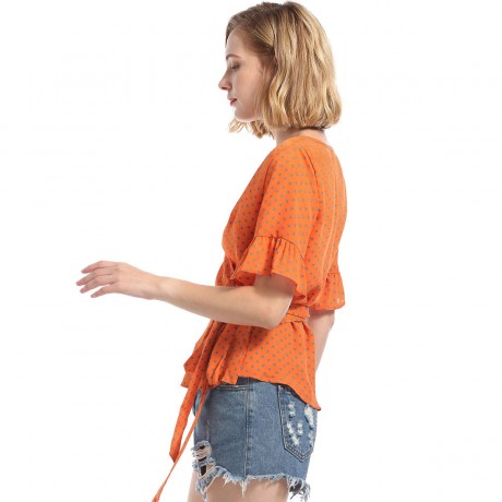 Women's Casual V-Neck Flared Short Sleeve T Shirt Polka Dot Self-Tie Belt Chiffon Tops Blouses(S-XL)