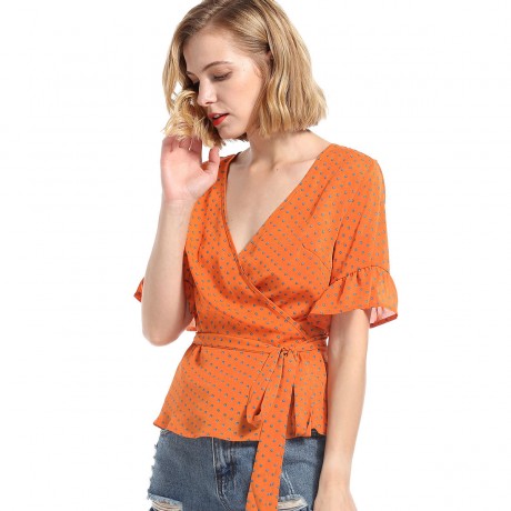 Women's Casual V-Neck Flared Short Sleeve T Shirt Polka Dot Self-Tie Belt Chiffon Tops Blouses(S-XL)