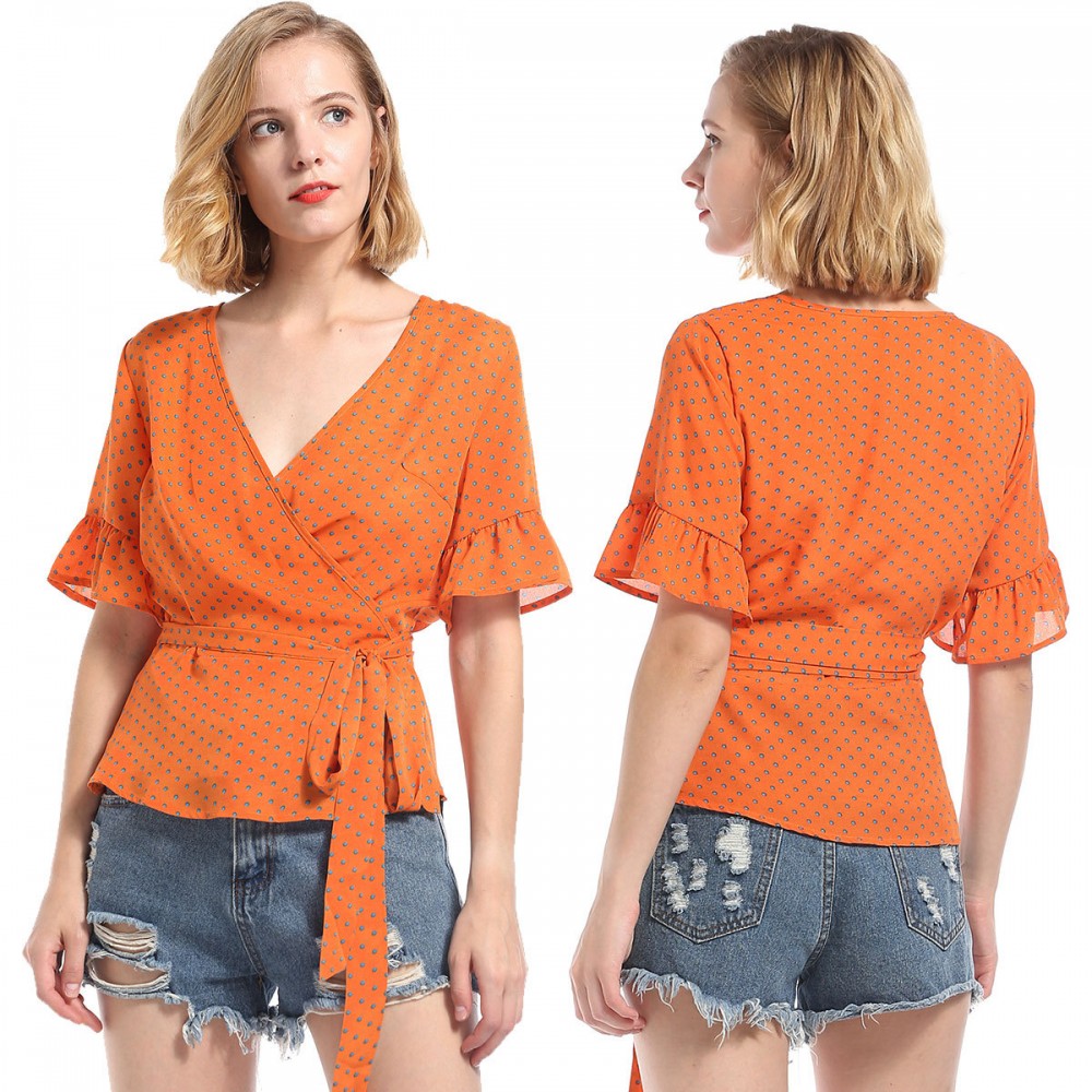 Women's Casual V-Neck Flared Short Sleeve T Shirt Polka Dot Self-Tie Belt Chiffon Tops Blouses(S-XL)