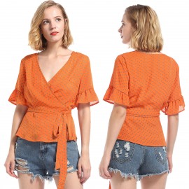 Women's Casual V-Neck Flared Short Sleeve T Shirt Polka Dot Self-Tie Belt Chiffon Tops Blouses(S-XL)