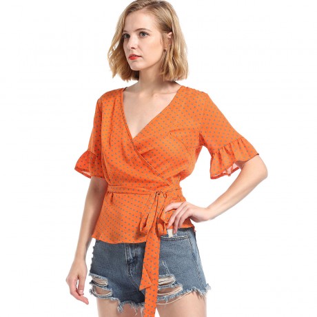 Women's Casual V-Neck Flared Short Sleeve T Shirt Polka Dot Self-Tie Belt Chiffon Tops Blouses(S-XL)