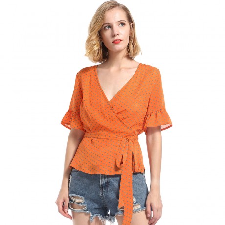 Women's Casual V-Neck Flared Short Sleeve T Shirt Polka Dot Self-Tie Belt Chiffon Tops Blouses(S-XL)