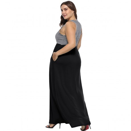 Women's Casual Scoop Neck Sleeveless A-Line Dress High Waist Stitching Striped Long Dress(XL-4XL)