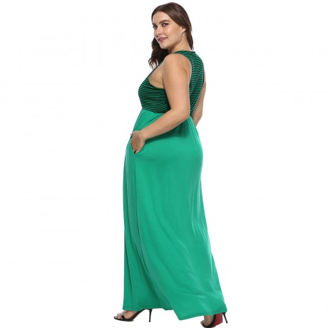 Women's Casual Scoop Neck Sleeveless A-Line Dress High Waist Stitching Striped Long Dress(XL-4XL)