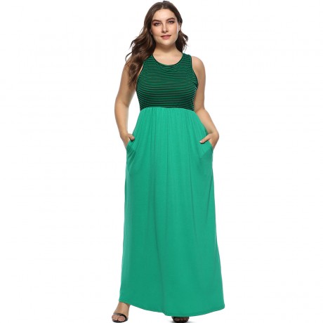 Women's Casual Scoop Neck Sleeveless A-Line Dress High Waist Stitching Striped Long Dress(XL-4XL)