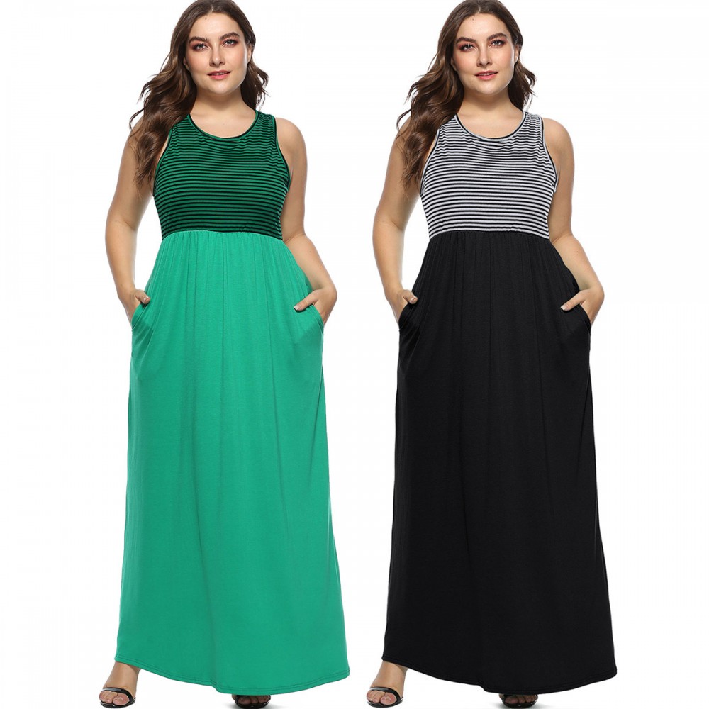 Women's Casual Scoop Neck Sleeveless A-Line Dress High Waist Stitching Striped Long Dress(XL-4XL)