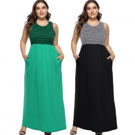 Women's Casual Scoop Neck Sleeveless A-Line Dress High Waist Stitching Striped Long Dress(XL-4XL) 