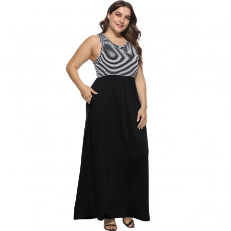 Women's Casual Scoop Neck Sleeveless A-Line Dress High Waist Stitching Striped Long Dress(XL-4XL)
