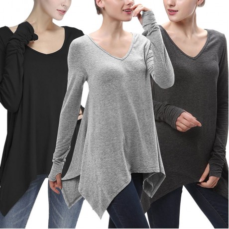 Women's V-Neck Long Sleeve T Shirt Casual Solid Color Tops Blouses(S-XL)