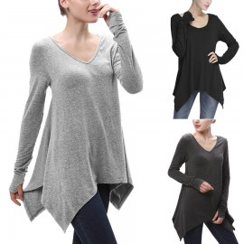 Women's V-Neck Long Sleeve T Shirt Casual Solid Color Tops Blouses(S-XL) 