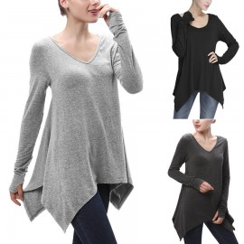Women's V-Neck Long Sleeve T Shirt Casual Solid Color Tops Blouses(S-XL)