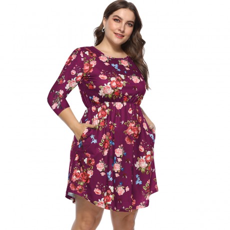 Women's Casual Scoop Neck Three Quarter Sleeve Dress Floral High Waist Pocket Dress(XL-4XL)