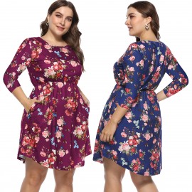 Women's Casual Scoop Neck Three Quarter Sleeve Dress Floral High Waist Pocket Dress(XL-4XL) 