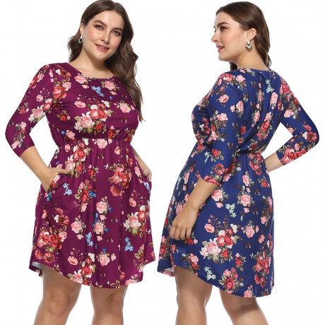 Women's Casual Scoop Neck Three Quarter Sleeve Dress Floral High Waist Pocket Dress(XL-4XL)
