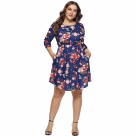 Women's Casual Scoop Neck Three Quarter Sleeve Dress Floral High Waist Pocket Dress(XL-4XL) 