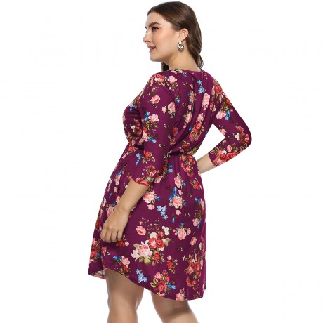 Women's Casual Scoop Neck Three Quarter Sleeve Dress Floral High Waist Pocket Dress(XL-4XL)