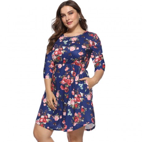 Women's Casual Scoop Neck Three Quarter Sleeve Dress Floral High Waist Pocket Dress(XL-4XL)