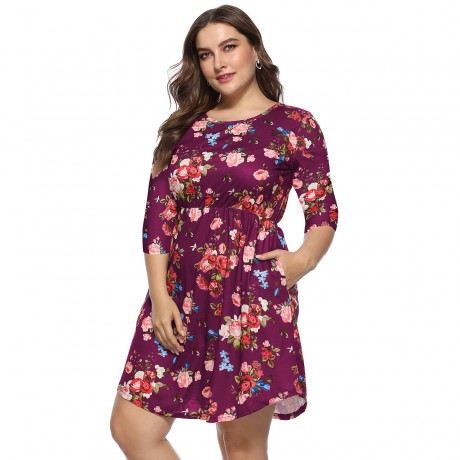 Women's Casual Scoop Neck Three Quarter Sleeve Dress Floral High Waist Pocket Dress(XL-4XL)