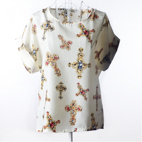 Women's Chiffon Loose Batwing Short Sleeve T Shirt Scoop Neck Printed Tops Blouses (S-XXL)