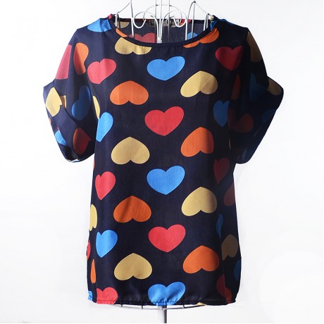 Women's Chiffon Loose Batwing Short Sleeve T Shirt Scoop Neck Printed Tops Blouses (S-XXL)