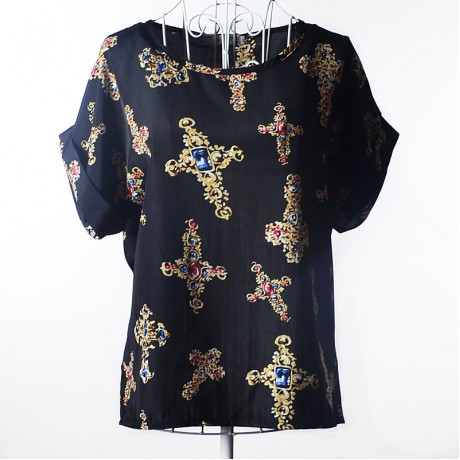 Women's Chiffon Loose Batwing Short Sleeve T Shirt Scoop Neck Printed Tops Blouses (S-XXL)