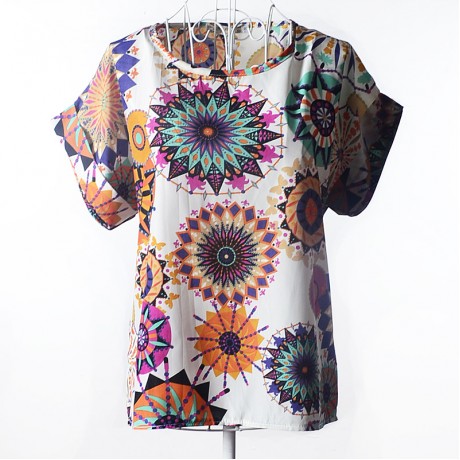 Women's Chiffon Loose Batwing Short Sleeve T Shirt Scoop Neck Printed Tops Blouses (S-XXL)