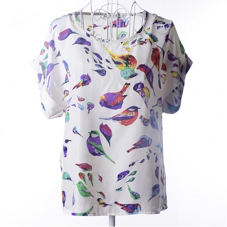 Women's Chiffon Loose Batwing Short Sleeve T Shirt Scoop Neck Printed Tops Blouses (S-XXL)