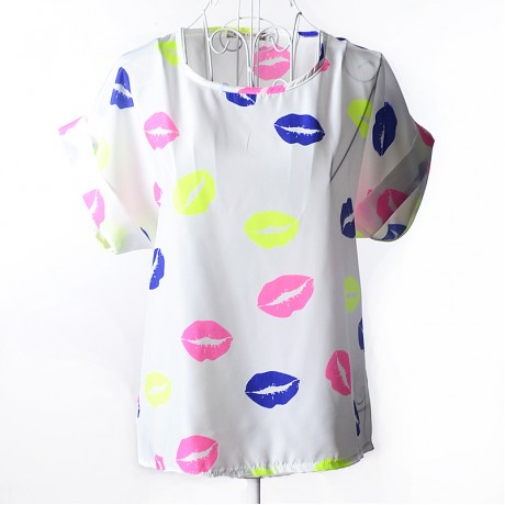 Women's Chiffon Loose Batwing Short Sleeve T Shirt Scoop Neck Printed Tops Blouses (S-XXL)