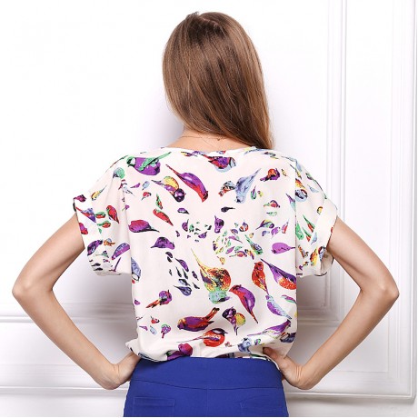 Women's Chiffon Loose Batwing Short Sleeve T Shirt Scoop Neck Printed Tops Blouses (S-XXL)