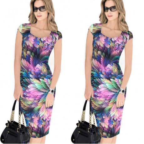 Women's Sexy Square Collar Short Sleeve Pencil Dress High Waist Slim Midi Dress(S-XXL)