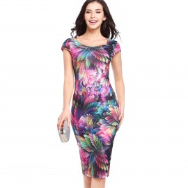 Women's Sexy Square Collar Short Sleeve Pencil Dress High Waist Slim Midi Dress(S-XXL) 