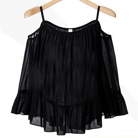 Women's Chiffon Long Sleeve Solid T Shirt Loose Ruffled Cold Shoulder Strap Tops Blouses(S-XXL)