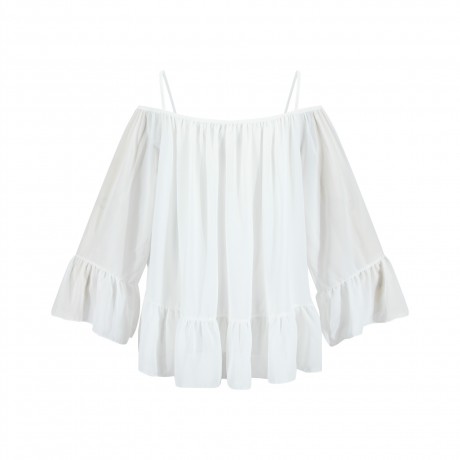 Women's Chiffon Long Sleeve Solid T Shirt Loose Ruffled Cold Shoulder Strap Tops Blouses(S-XXL)