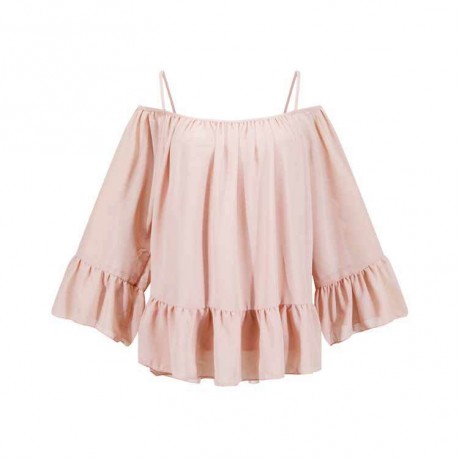 Women's Chiffon Long Sleeve Solid T Shirt Loose Ruffled Cold Shoulder Strap Tops Blouses(S-XXL)