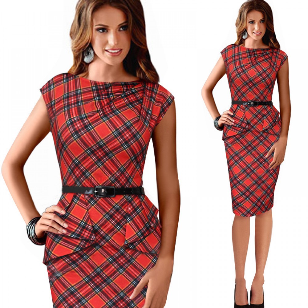 Women's Slim Sleeveless Check Dress Scoop Neck High Waist Sheath Dress(S-XXXL)