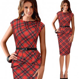 Women's Slim Sleeveless Check Dress Scoop Neck High Waist Sheath Dress(S-XXXL) 