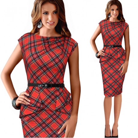 Women's Slim Sleeveless Check Dress Scoop Neck High Waist Sheath Dress(S-XXXL)