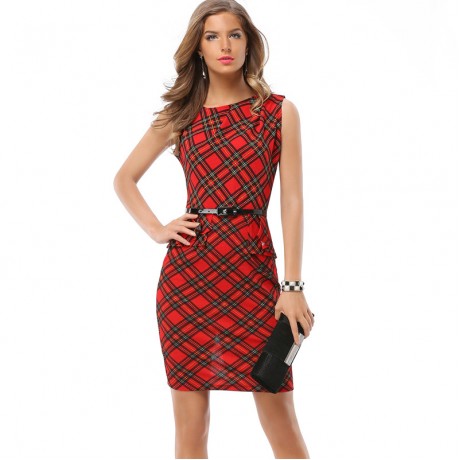 Women's Slim Sleeveless Check Dress Scoop Neck High Waist Sheath Dress(S-XXXL)