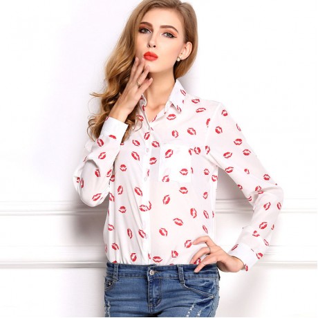 Women's Chiffon Long Sleeve Printed T Shirt Loose Lapel Button-down Tops Blouses(S-XL)