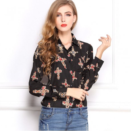 Women's Chiffon Long Sleeve Printed T Shirt Loose Lapel Button-down Tops Blouses(S-XL)