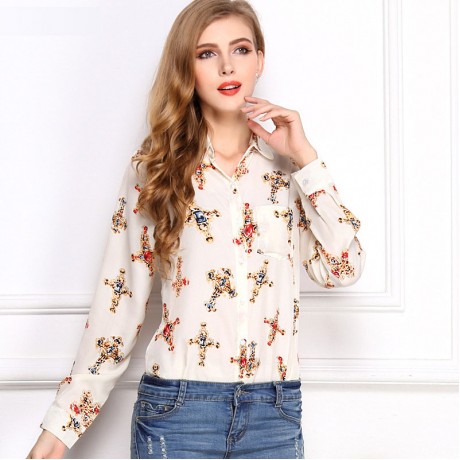 Women's Chiffon Long Sleeve Printed T Shirt Loose Lapel Button-down Tops Blouses(S-XL)