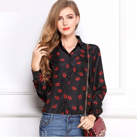 Women's Chiffon Long Sleeve Printed T Shirt Loose Lapel Button-down Tops Blouses(S-XL)