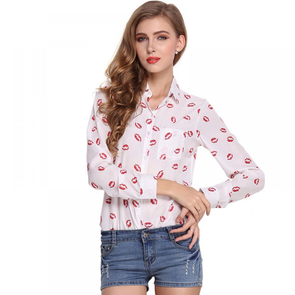 Women's Chiffon Long Sleeve Printed T Shirt Loose Lapel Button-down Tops Blouses(S-XL)