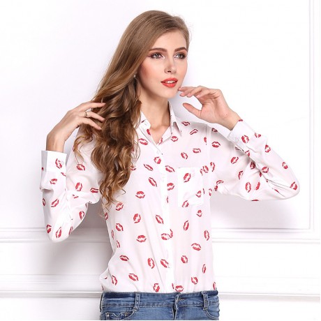 Women's Chiffon Long Sleeve Printed T Shirt Loose Lapel Button-down Tops Blouses(S-XL)
