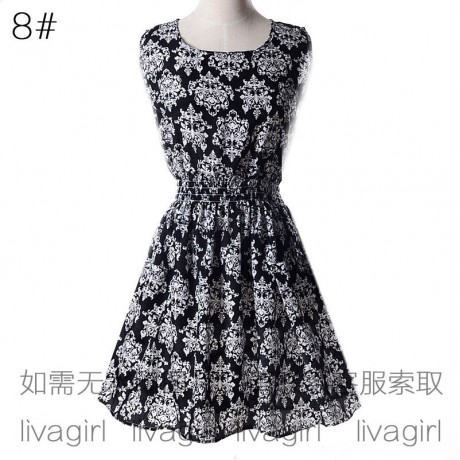 Women's Chiffon Sleeveless Floral Printed Dress Elastic High Waist Maxi Dress(S-XXL)
