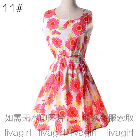 Women's Chiffon Sleeveless Floral Printed Dress Elastic High Waist Maxi Dress(S-XXL)