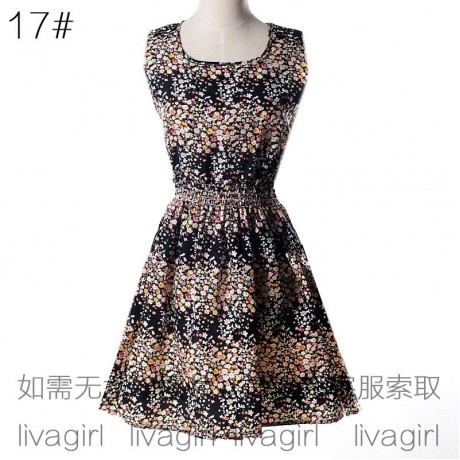 Women's Chiffon Sleeveless Floral Printed Dress Elastic High Waist Maxi Dress(S-XXL)
