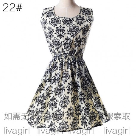 Women's Chiffon Sleeveless Floral Printed Dress Elastic High Waist Maxi Dress(S-XXL)