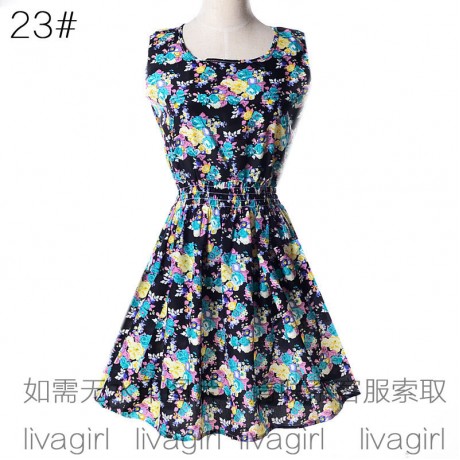 Women's Chiffon Sleeveless Floral Printed Dress Elastic High Waist Maxi Dress(S-XXL)