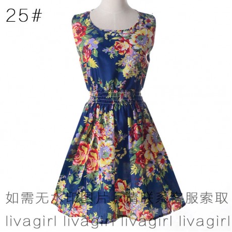 Women's Chiffon Sleeveless Floral Printed Dress Elastic High Waist Maxi Dress(S-XXL)